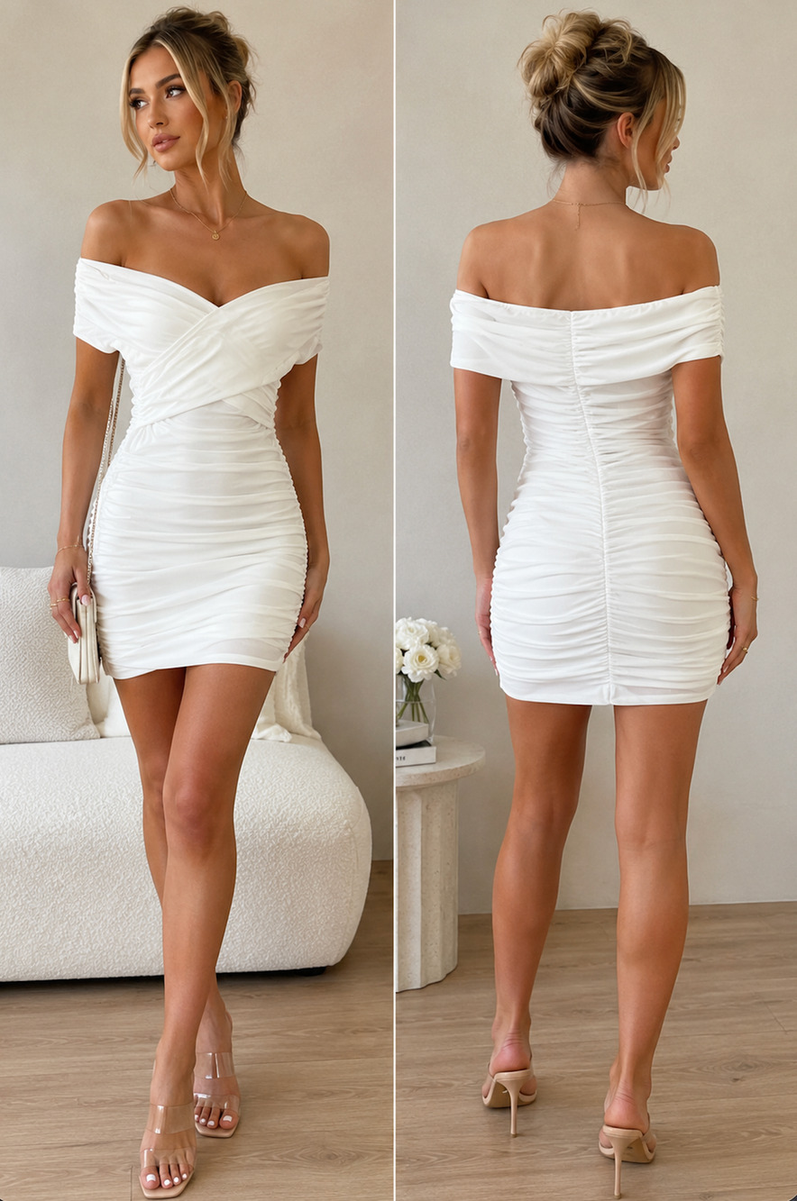 SHEIN White Ruched Off Shoulder Mesh Mini Dress Small